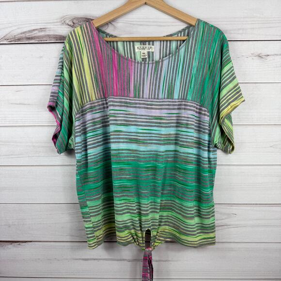 Women's Studio Multicolor Striped‎ Short Sleeve Tie Knot Top Size Petite XL - Picture 1 of 6